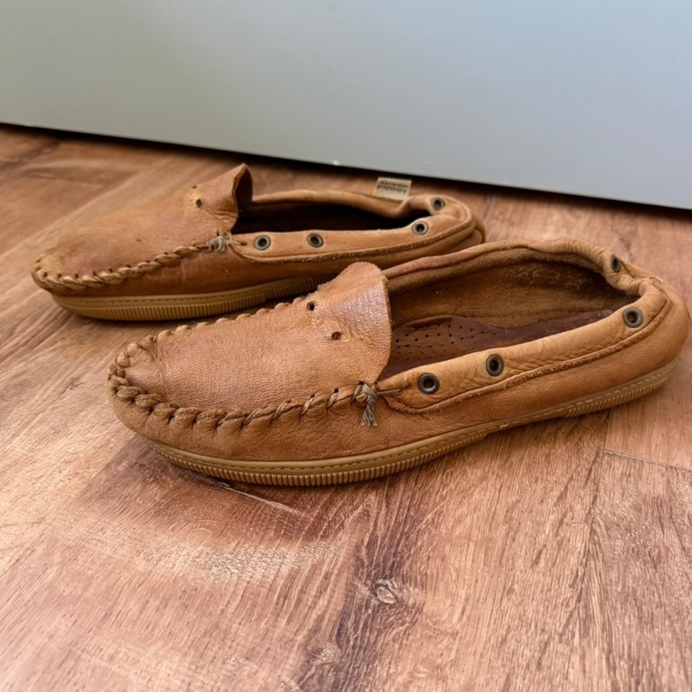 Adirondack Moccasin Loafers Men Sz 10 Tan Leather Made USA Slip On Driving Shoes